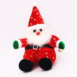 Musical Santa Claus plush doll in red suit with golden snowflake patterns and a gold bell