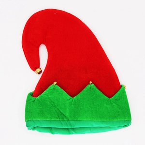 Classic red and green elf Christmas hat with festive golden bells for holiday parties