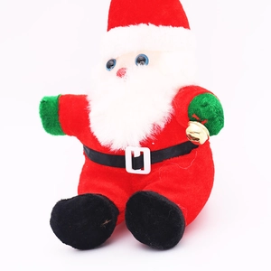 Classic sitting Santa Claus plush doll ornament with red suit and a gold bell