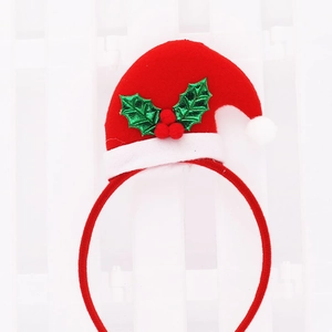 Festive red plush Christmas hat headband with white faux fur trim and holly leaf accents