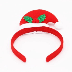 Festive Christmas headband with red mini Santa hat and green holly leaf accents