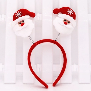 Detail of Christmas headband featuring a spring-mounted Santa Claus with white snowflakes