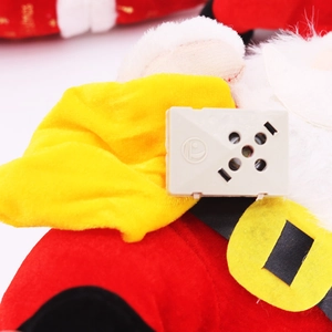 Detail of the gray sound control box and red plush fabric on the Santa ornament