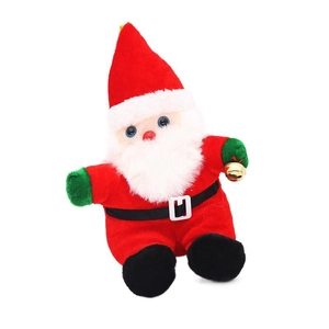Plush sitting Santa Claus ornament with red hat and bell on plain white background