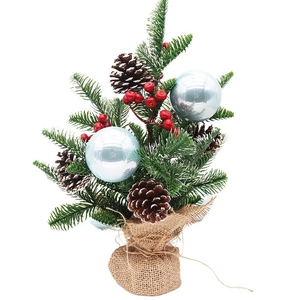 7cm mini tabletop Christmas tree with blue ornaments, pine cones and burlap base