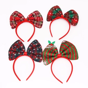 Set of 4 Christmas oversized plaid bow headbands with festive patterns and sequins