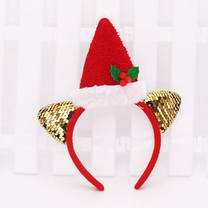 Serre-tête de Noël avec chapeau rouge et oreilles à paillettes dorées festives