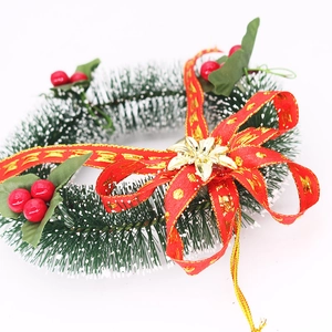 Mini 15cm Christmas wreath with pine needles, red berries, and gold-printed bow on white background