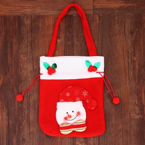 25cm red flannel Christmas gift bag with 3D snowman and drawstring on rustic wood