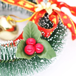 Mini 15cm Christmas wreath with pine needles, red berries, and gold-trimmed red bow