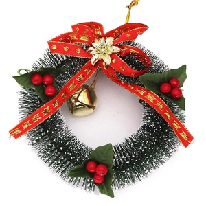 Mini 15cm Christmas wreath with green pine needles, red bow and gold Merry Christmas bell