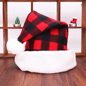 Classic red and black buffalo plaid Christmas hat with fluffy white plush faux fur trim
