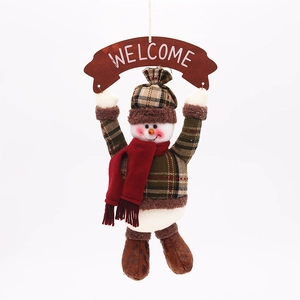 Plush Christmas snowman hanging ornament with Welcome sign for holiday door decoration