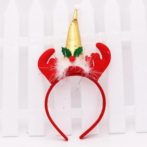 Serre-tête de Noël avec bois de renne, chapeau de fête doré et décorations en plumes