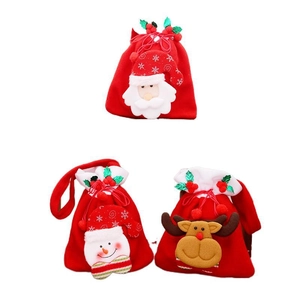 Three-piece red Christmas drawstring gift bags with 3D Santa, Snowman and Reindeer dolls