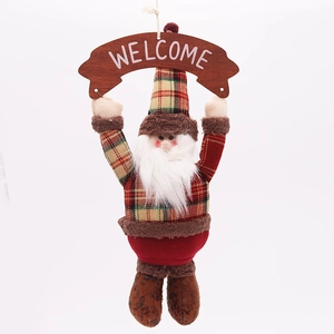 37cm Santa Claus hanging decoration with Welcome sign and festive red plaid fabric
