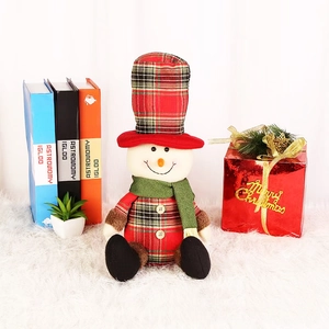 35cm festive plush snowman doll with red plaid hat and green scarf for Christmas decor