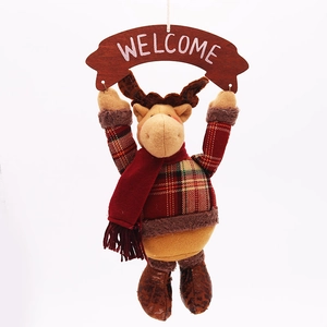Christmas reindeer welcome door hanger with red tartan shirt and fluffy details, 37cm
