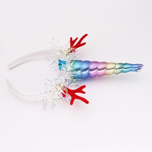LED light-up unicorn headband with red reindeer antlers and tinsel for holiday parties