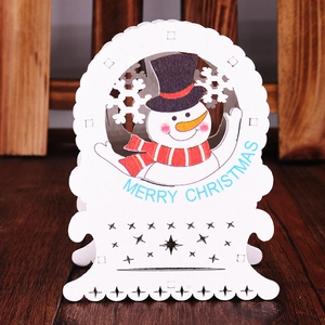 White wooden Christmas house ornament with LED light and snowman Merry Christmas design