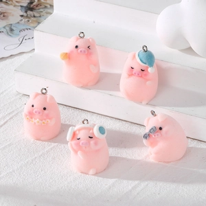 Cute Flocked Pink Pig Resin Pendants DIY Animal Charms For Jewelry Making Earrings Keychain Accessories Cartoon Style