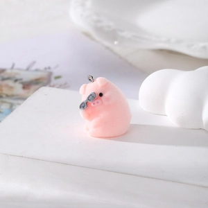Cute pink flocked pig pendant with headphones and silver ring for DIY craft jewelry
