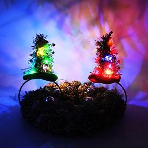 Macro shot of glowing Christmas tree headbands with colorful LED lights and sequins