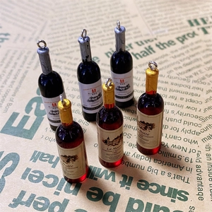 6-piece set of miniature 3D resin wine bottle charms with vintage labels for DIY jewelry