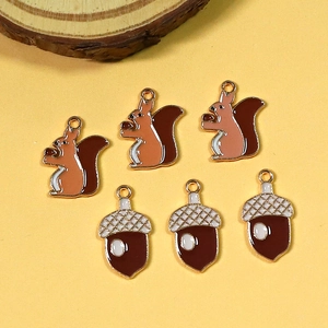 Alloy Enamel Squirrel Acorn Charms For DIY Jewelry Making Earrings Necklace Keychain Cute Animal Plant Pendants