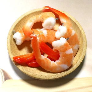 Realistic PVC shrimp food pendant with metal ring for DIY jewelry and creative crafts
