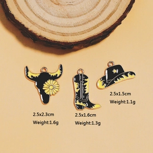 Western cowboy style enamel charms set including bull head, boots, and hat for DIY jewelry