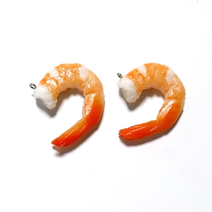 Pair of realistic PVC shrimp food pendants with metal rings for creative DIY jewelry making
