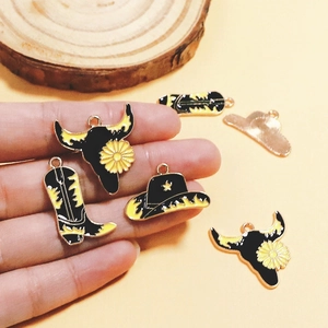 Western cowboy alloy pendants including hat, boot, and bull head with enamel finish