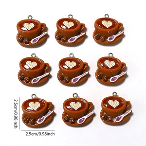 Miniature resin coffee cup pendants with latte heart art and saucer for DIY jewelry making