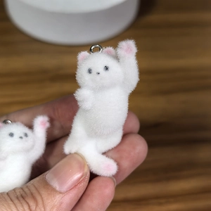 White flocked resin cat pendant with velvet texture for DIY jewelry and keychains