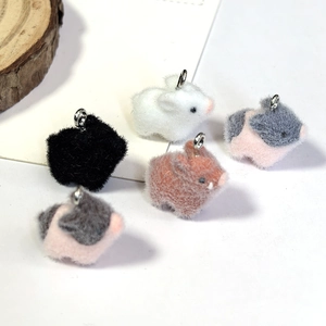 DIY flocked pig charms in multi-colors with silver rings for jewelry and keychains