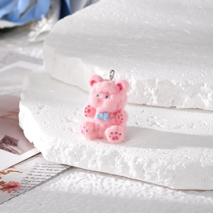 Pink flocked bear pendant with blue bow tie on white stone for DIY jewelry crafts