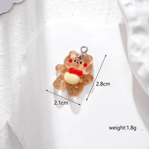 Brown resin bear pendant with red bow and white belly, size details 2.1x2.8cm, 1.8g