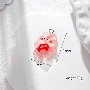 Pink resin bear pendant with LOVE heart for DIY jewelry, size 2.8cm high and 2cm wide