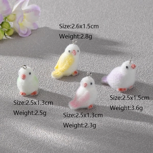 Colorful flocked bird pendants for DIY jewelry making in yellow, pink, green and purple
