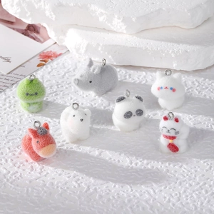 DIY Flocked Animal Pendants Resin Cat Panda Polar Bear Rhino Caterpillar Charms For Keychain Earrings Jewelry Making Accessory