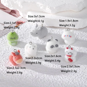 Set of seven flocked animal charms including frog and bear for DIY jewelry making