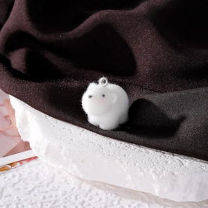 Cute white flocked polar bear animal pendant with silver metal ring for DIY jewelry making