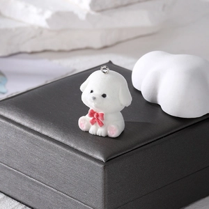 Cute flocked white puppy pendant with a red bow and metal ring for DIY jewelry making