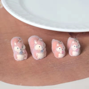Cute pink flocked squirrel pendants for DIY jewelry making with metal rings