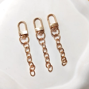 Close-up of golden metal key ring parts including U-spring clasp and chain links