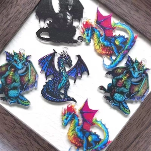 Set of 6 colorful acrylic dragon pendants with hanging holes for DIY jewelry and keychains