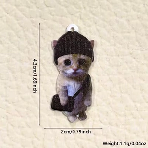 Detail view of cartoon cat acrylic pendant showing 4.3cm height and 2cm width dimensions