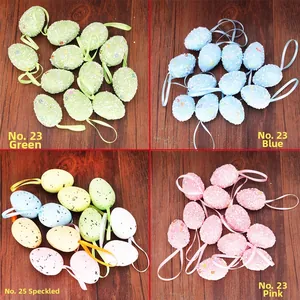 Detail of colorful Easter foam eggs with ribbons in green, blue, pink and spotted designs