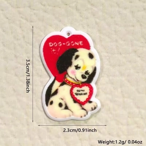 Detailed acrylic charm of a cartoon dalmatian dog with red hearts and Valentine text